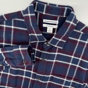 Amazon Essentials Mens Size Medium Slim Fit Flannel Shirt Navy Burgundy Plaid